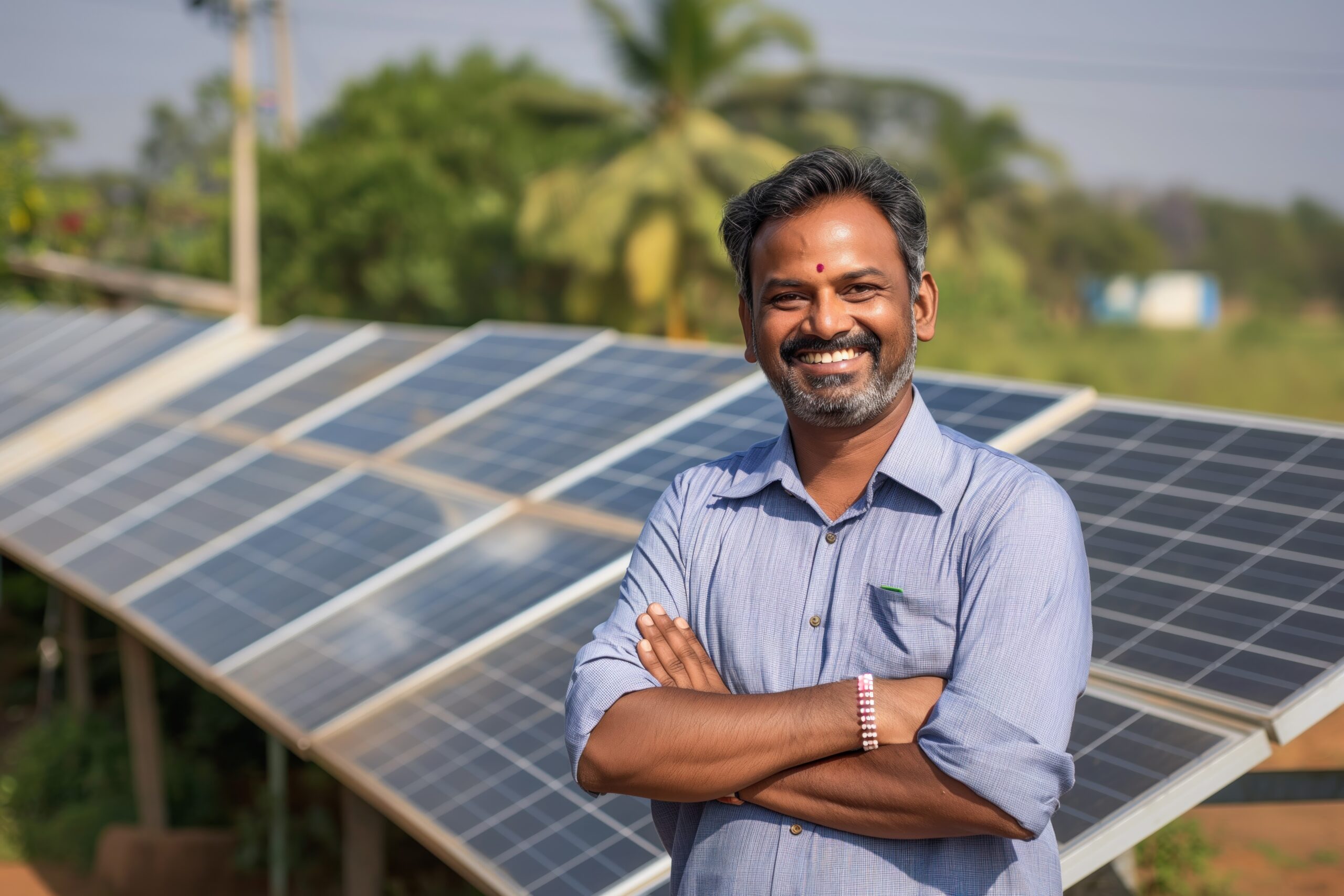 Happy Indian man stands confidently in front of solar panel array. Blue shirt, warm smile. Solar panels in gray, arranged in rows, capturing sun rays. Generating clean energy sustainable power. Rich