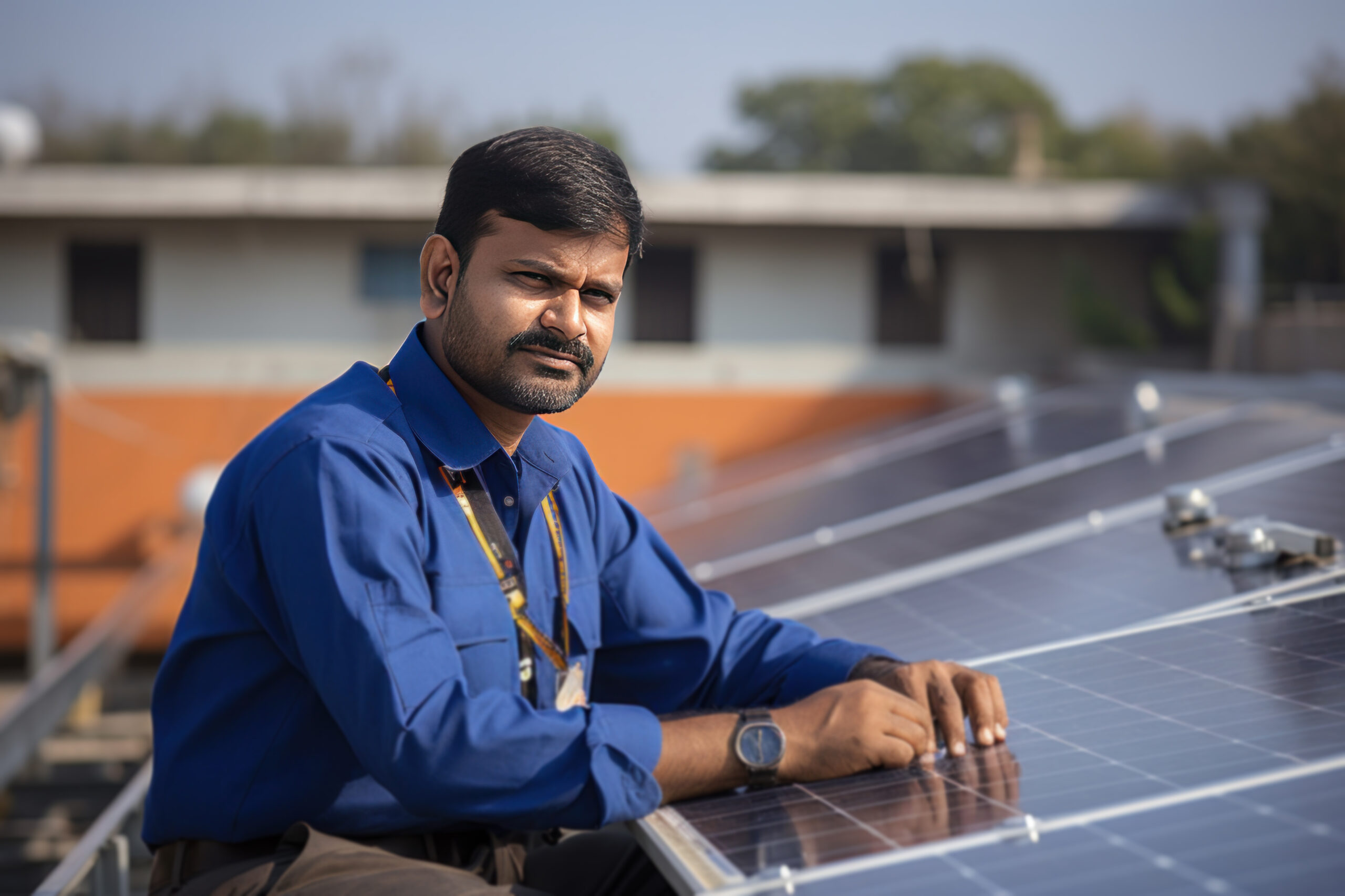 Indian technician installing solar panel over home roof in India