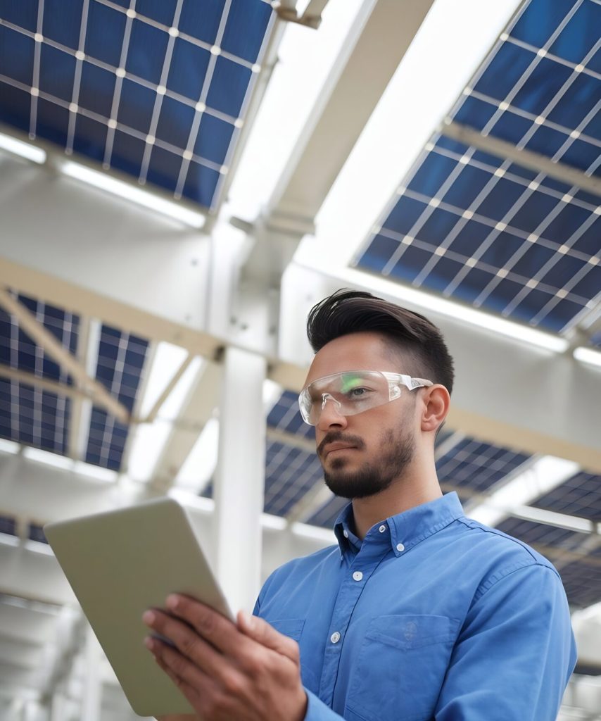 engineer-holding-tablet-pc-examining-solar-panels